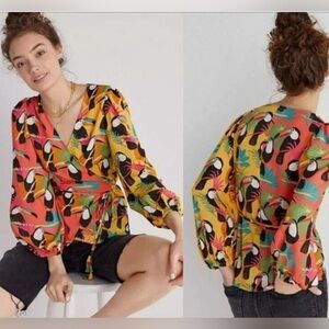 💕Farm Rio Womens medium Toucan 🦜 bird Wrap Tie Top 3/5 Sleeve Shirt 💕